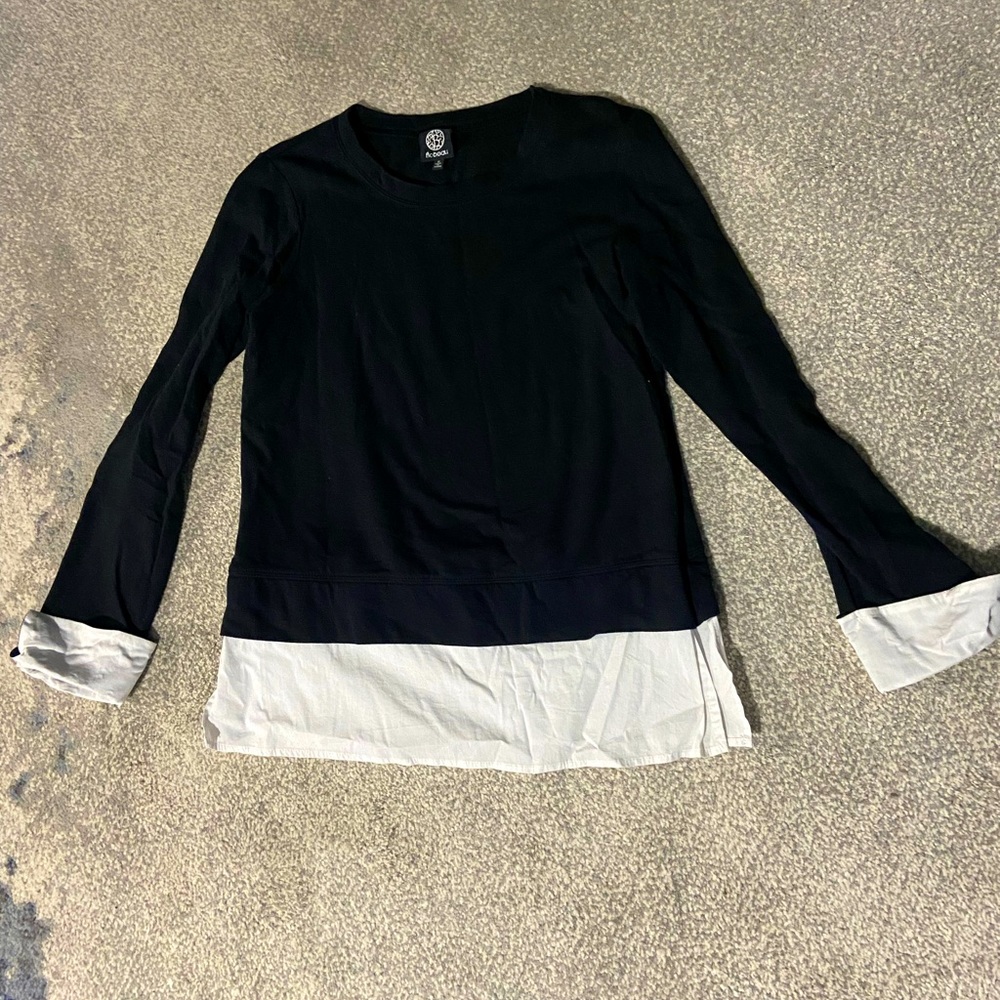 Black sweater with attached white faux undershirt